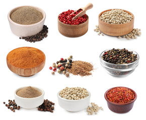 Different types of peppers, set. Spices isolated on white