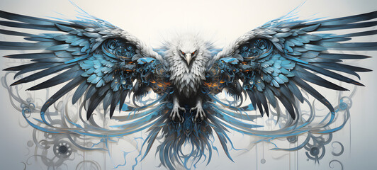 A white cyber phoenix made of metal blue eyes, ai generative