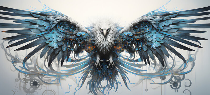 A white cyber phoenix made of metal blue eyes, ai generative