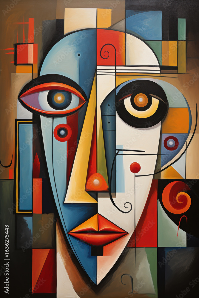 Poster cubist-inspired artistic face composed of triangles, rectangles, and abstract color sections