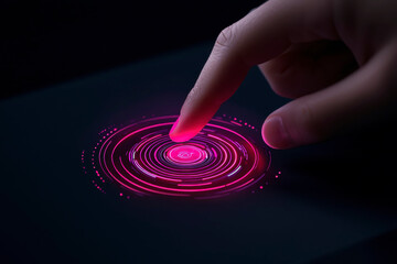 Close up of hand interacting with modern touch device, featuring vibrant pink circular patterns that create sense of technology and innovation. image evokes curiosity and engagement