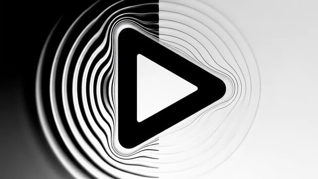 Abstract black and white play button surrounded by concentric wave patterns creating a dynamic visual