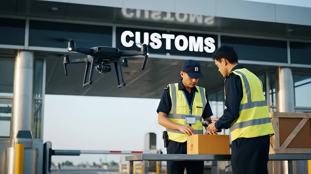 Drone Surveillance: Customs Agents Inspecting Packages at Checkpoint