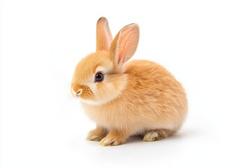 Obraz premium Fluffy rabbit sitting white background, showcasing its soft fur and curious expression. This adorable creature captures attention with its bright eyes and playful demeanor, perfect for animal