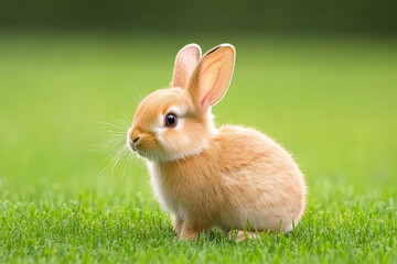 Fototapeta premium Curious rabbit sits on lush green grass, showcasing its soft fur and attentive expression. vibrant background enhances charm of this adorable creature, evoking feelings of joy and playfulness