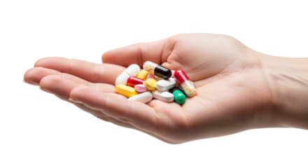 Hand holding assorted colorful pills and capsules for health and wellness on transparent background, cutout PNG
