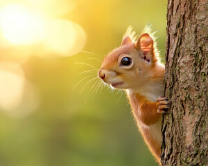Obraz premium Curious squirrel peeking from behind tree, surrounded by soft, blurred forest background. warm sunlight creates serene atmosphere, highlighting squirrel features and expression