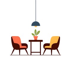 Modern minimalist living room set with two armchairs small table and hanging lamp.