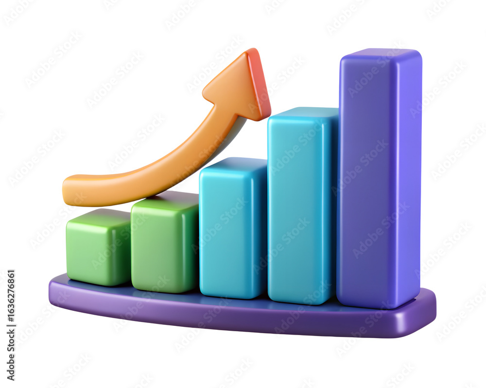 Poster 3d bar chart with upward arrow isolated on transparent background
