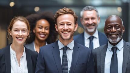 Diverse business team smiling together in suits. Professional group with positive expressions. Business success, teamwork, and corporate culture.