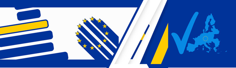 shape of the map of the EU and stars and map with tick check on European Union abstract creative diagonal design background in white blue yellow