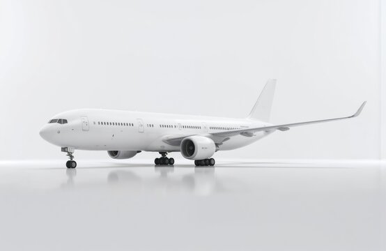 Fototapeta Side view of white passenger airplane on white background. Commercial airliner with jet engines for transportation and travel. Aircraft with wings, fuselage, tail ready for takeoff. 3D render model.
