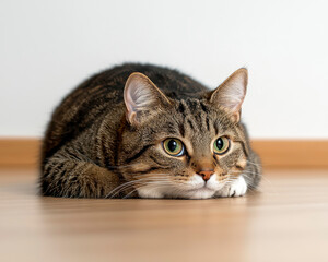 Cute tabby cat lying down with tilted head, showcasing its striking green eyes and soft fur on wooden floor. cat appears curious and relaxed, adding charming touch to scene