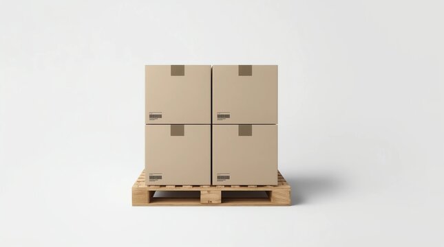 Stack of Four cardboard boxes mockup on euro pallet, isolated on white, 3d rendering
