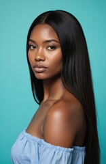 Naklejka premium Vertical portrait of sensual black woman with long straightened black hair, lash extensions in studio. African American beauty in blue top poses looking at camera. Glamour fashion style for