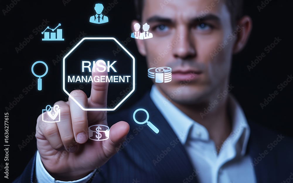 Poster man touching risk management interface with icons image