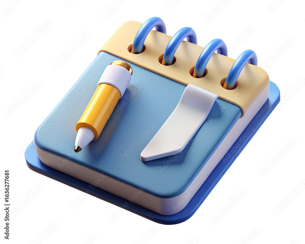 Poster 3d stylized notepad and pen isolated on transparent background