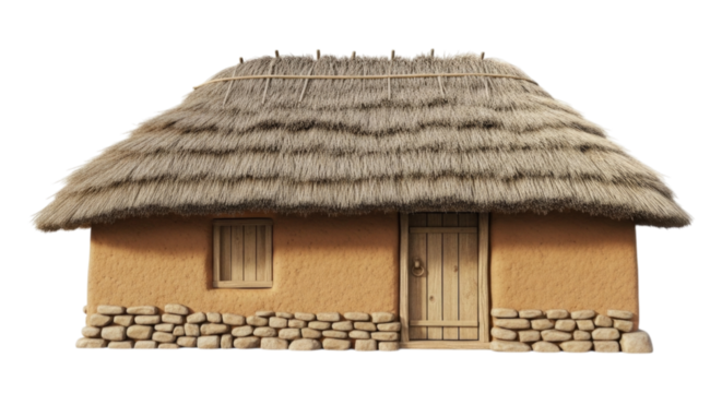 Traditional straw-roof house made of mud and stone with wooden door on isolated white background, transparent background, cutout PNG