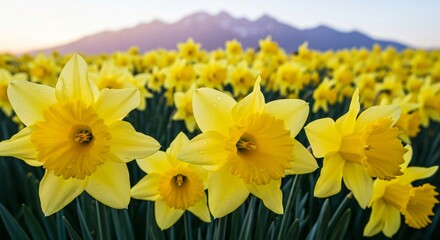 Obraz premium Vibrant Yellow Daffodil Field with Mountain Background at Sunset Springtime Blooms