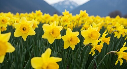Vibrant Yellow Daffodils Blooming in a Field with Mountain Background