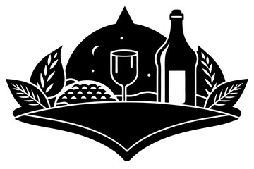 Vector art of silhouette of wine bottle and grapes