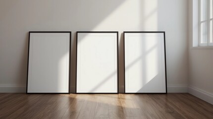 Three black Frames Mockup with poster canvas standing on wooden floor, 3d rendering