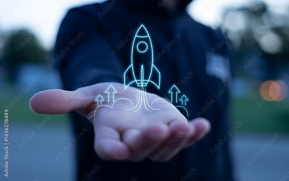 Poster neon rocket launch with upward arrows over open palm startup technology