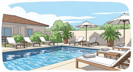 Fototapeta premium Serene Poolside Retreat: Loungers, Umbrellas, and Tranquil Water Illustration