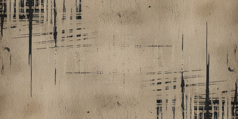 Abstract texture of grunge brush strokes with rough black scratches and parchment-like appearance with a beige or light brown tone, marked by scratches, splatters, and faint lines vector background.	
