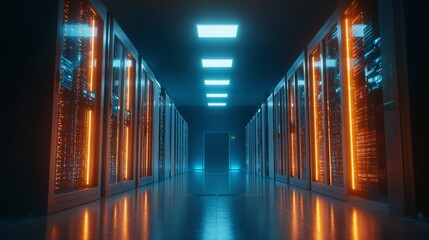 Fototapeta premium Server Room: A symmetrical shot of a data center hallway with rows of servers glowing with orange light. Illuminated ceiling panels add to the depth of field.