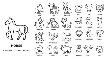 Minimalist black and white line art vector illustrations of all twelve Chinese zodiac animals, including horse, dragon, tiger, monkey, and rabbit.
