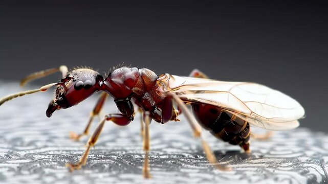 Macro Photo of a Winged Ant on a Textured Surface, Showcasing Delicate Wings and Intricate Details