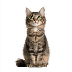 Obraz premium Fluffy gray tabby cat with bright green eyes sitting gracefully, showcasing its playful and curious nature. This adorable feline exudes charm and warmth, perfect for any cat lover