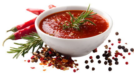 A bowl of spicy red chili sauce garnished with rosemary, surrounded by dried chili, peppercorns, and chili flakes on a white background.