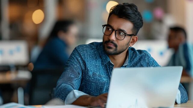 Concentrated man working on laptop in busy office