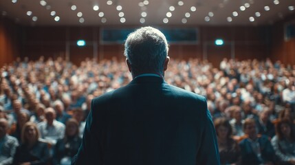 Speaker addresses a large audience in a brightly lit auditorium. The view is from the back, focusing on the speaker in a dark suit before the attentive crowd.