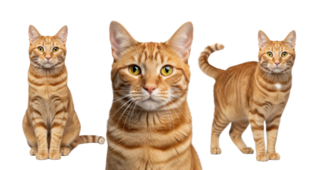 Three adult ginger tabby cats, one close-up portrait with prominent yellow eyes, flanked by a sitting and standing cat, all mackerel striped on a transparent studio background,