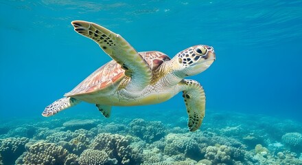 Obraz premium Green sea turtle gracefully swimming above coral reef