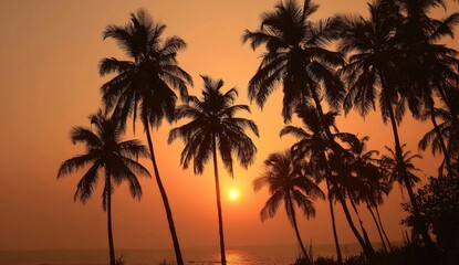 Tropical sunset beach palms silhouette ocean view travel poster