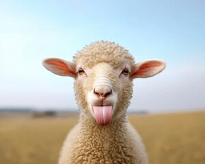 Obraz premium Funny sheep sticking out its tongue in close up portrait, showcasing its fluffy wool and playful expression against blurred background of field