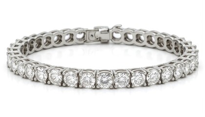 Elegant diamond tennis bracelet in white gold on white background. Jewellery accessory, luxury item. Brilliant cut gems sparkle. Classic design. Perfect gift idea for. Jewel, gem, precious stone.