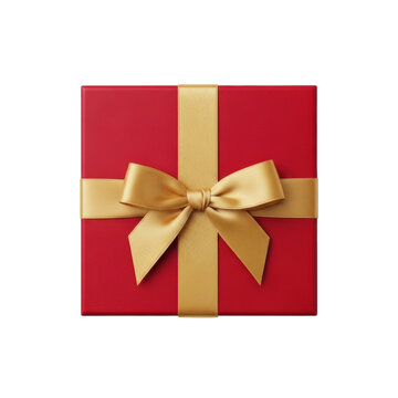 Pristine crimson red gift box, sharp edges, matte, lustrous gold satin ribbon bow, isolated on seamless transparent background with no shadows, ultra-realistic studio product photography, top-down,