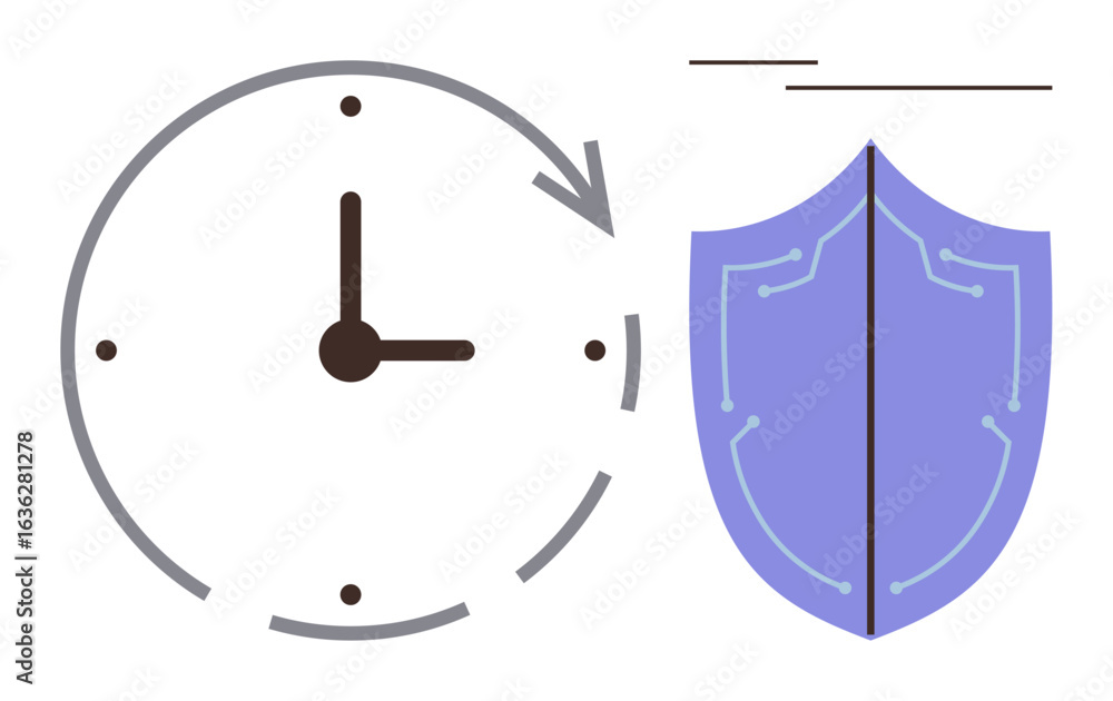 Poster clock with circular arrow emphasizes time, paired with a digital shield symbolizing protection. idea