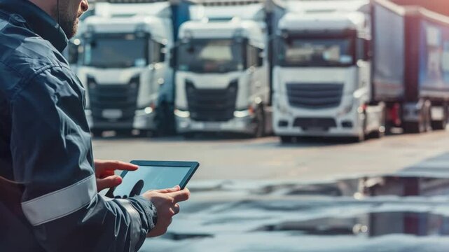 Man with tablet managing fleet of trucks