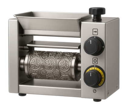 Rotary embossing machine with a detailed pattern roller and variable speed settings for decorative cookies in a specialty bakery.