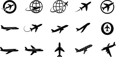  Airplane and Flight Icon Set, a Collection of Vector Illustrations in Solid Black Silhouette Style for Travel and Aviation Design.
