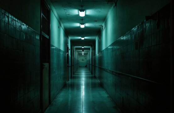 Eerie, dimly lit hallway with muted teal lighting stretches into darkness. Long, narrow corridor, suggestive of abandoned building hospital basement. Textured tiled walls, reflective floor create