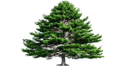 Pine tree with lush green foliage, isolated on a white background.