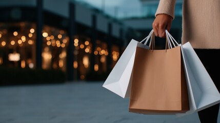 Woman carrying shopping bags in front of modern building at night