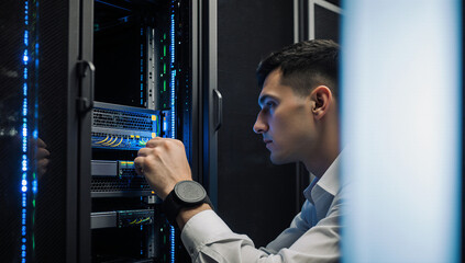 Young male technician server room data center network cable technology professional maintenance focused IT support modern equipment blue light secure environment working